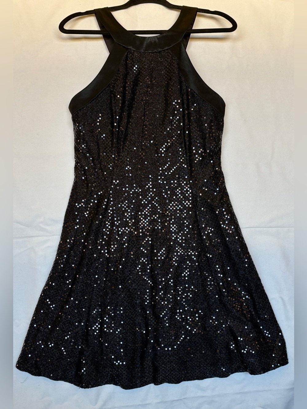 Vintage Bari Jay Black Sequin Halter Cocktail Dress Open Back Satin Bow 13 14